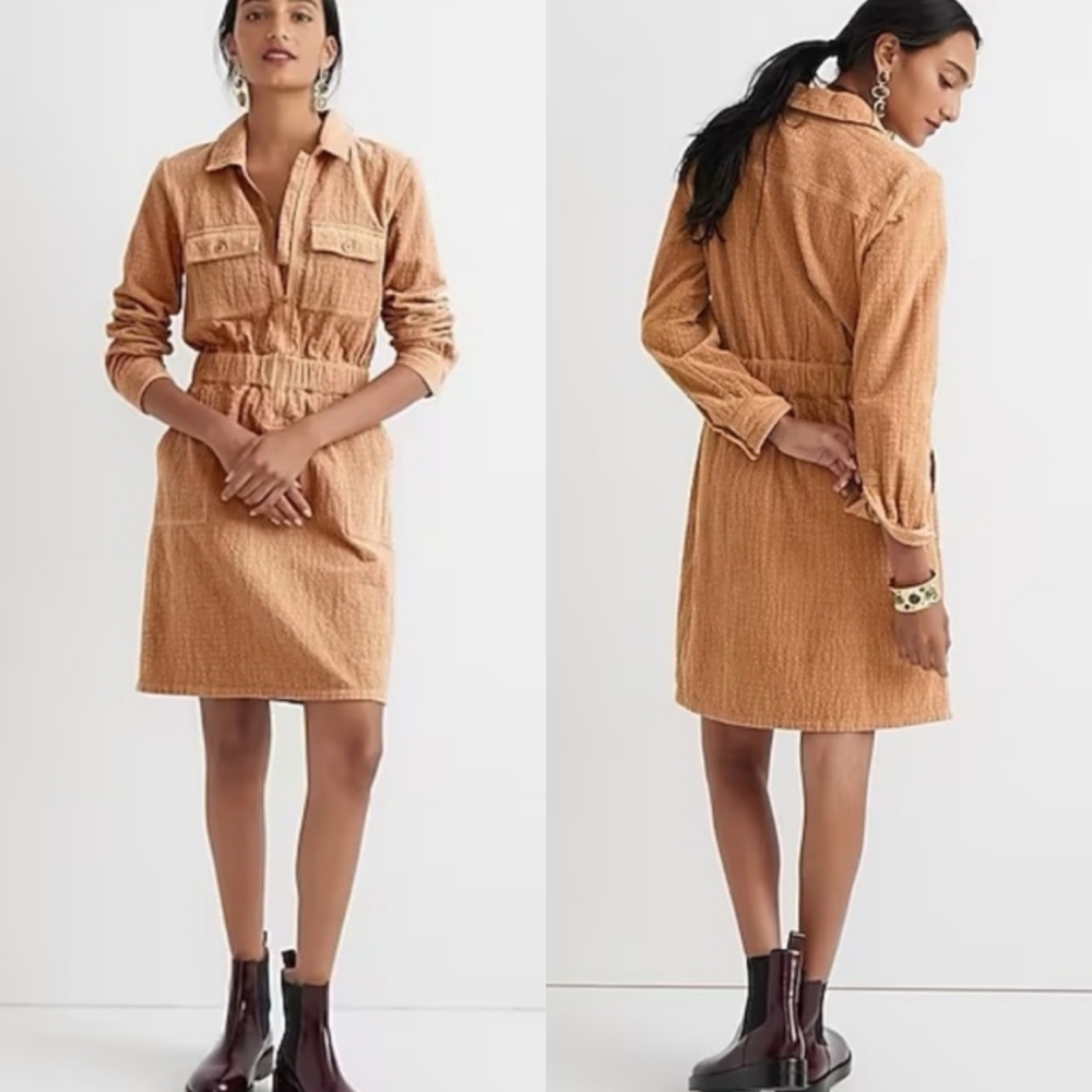 J. Crew New Pale Mocha Tan Corduroy Zip Front Cinched Waist Shirt Dress SZ 10